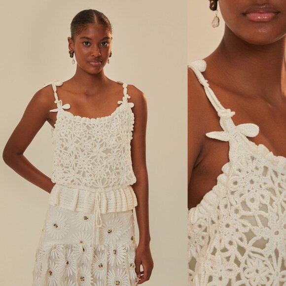 FARM Rio Tops - Farm Rio NEW White Flowers Crochet Handmade Peplum Scoop Neck Top Size XL